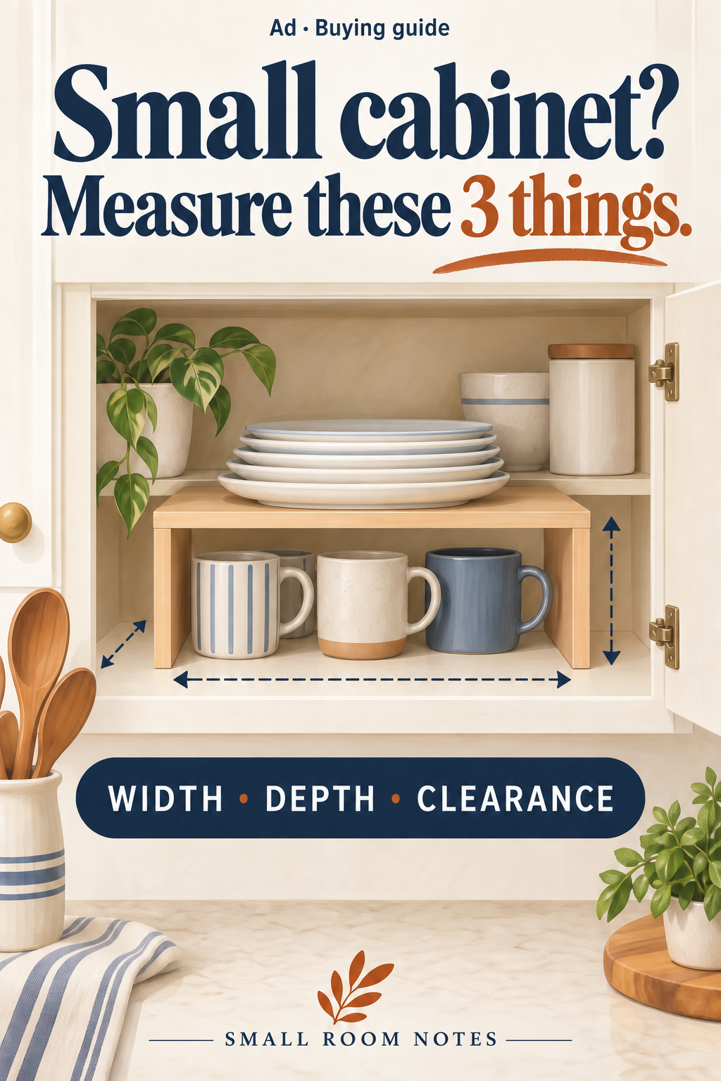 Original conceptual illustration of a cabinet shelf riser, with measurement guidance.